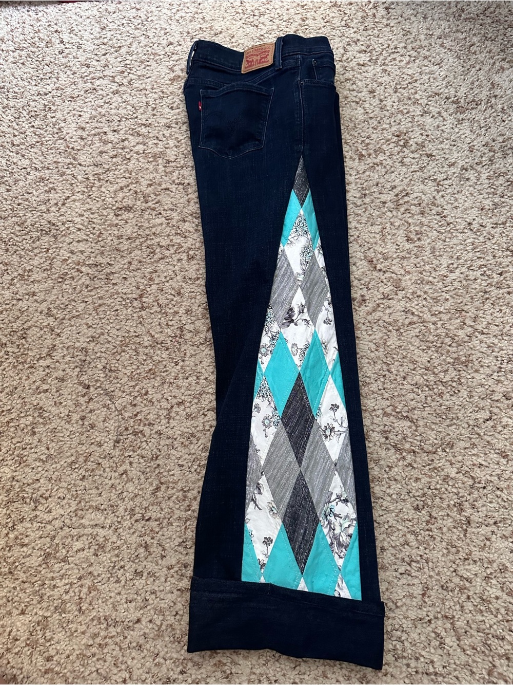 ✨UPCYCLED Wide Leg Argyle Quilted Side Panel Cuffed Levi’s 505 - Picture 7 of 10